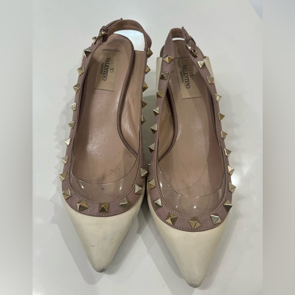 Valentino Cream and Tan Flats with Studded Detailing